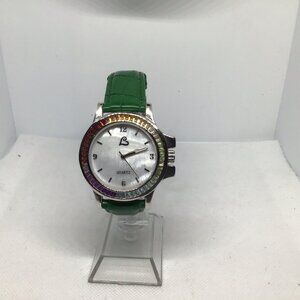 HSN Colleen Lopez Multi-Gemstone Of Pearl Green Leather Strap Watch